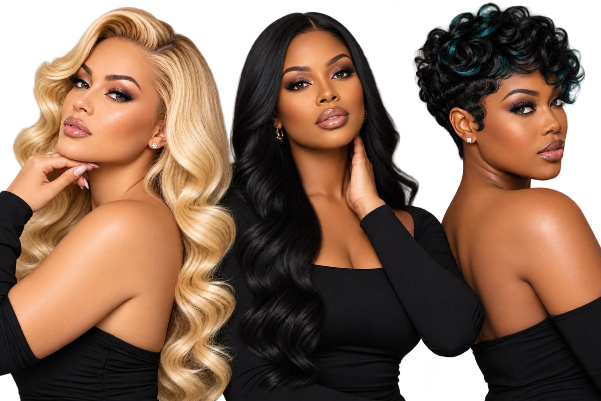 Three models with blonde waves, long black waves and a short curly cut